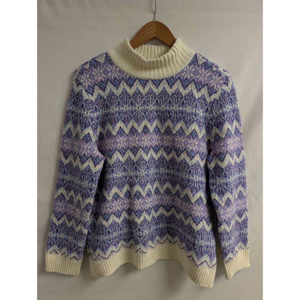 Talbots Petite M Purple Fair Isle Nordic Mock Neck Sweater Cotton Wool Blend
